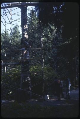 Scaffolding surrounds a totem pole