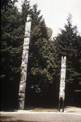 Two totem poles carved by Mungo Martin in Totem Park at UBC