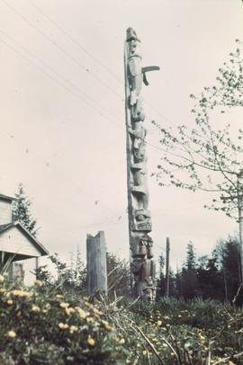 Unidentified totem pole by house