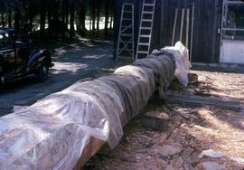 Partially carved totem pole draped in tarps
