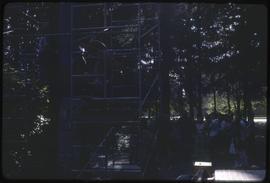 A scaffolding surrounds a totem pole