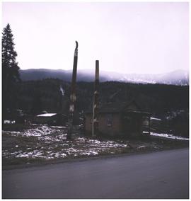 Totem poles, house, and mountains