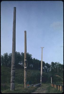 Totem poles in Ball Park, Old Hazelton, B.C.