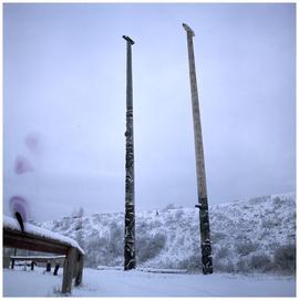 Two totem poles in snow