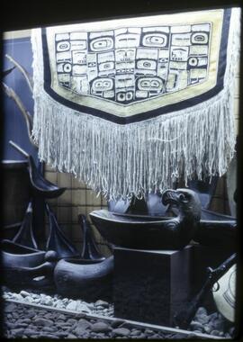Chilkat blanket and other items on display in Montréal