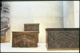 Bentwood boxes on display in the Museum of Anthropology