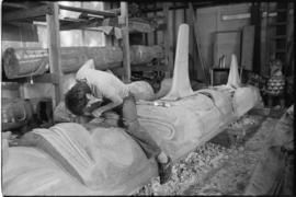 Crew and log at the old UBC carving shed