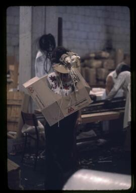 Gillian Darling wearing a cardboard mask