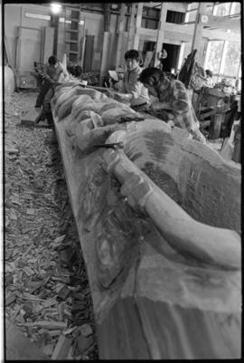 Crew and log at the old UBC carving shed