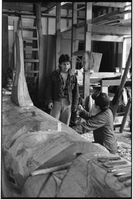 Crew and log at the old UBC carving shed