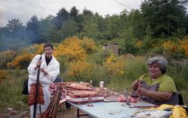 Two women and a table of salmon