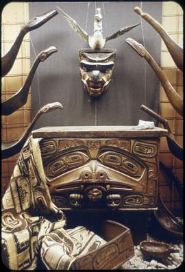 Mask and betwood box on display
