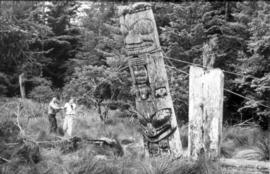 Two men recovering a house post from Anthony Island