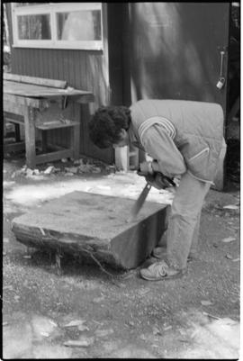 Crew and log at the old UBC carving shed
