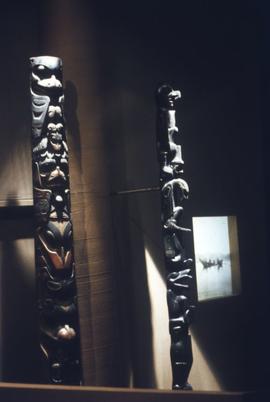 Model totem poles on display in Montréal