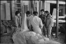 Crew and log at the old UBC carving shed