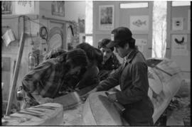 Crew and log at the old UBC carving shed