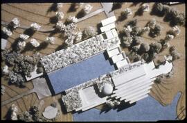 Overhead view of a model of the Museum of Anthropology