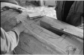 Crew and log at the old UBC carving shed