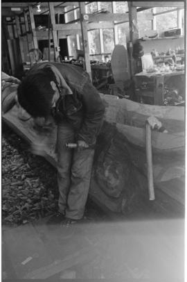 Crew and log at the old UBC carving shed
