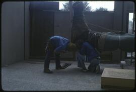 Workers prepare a totem pole to be set down