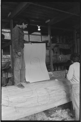 Crew and log at the old UBC carving shed