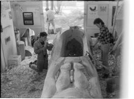 Crew and log at the old UBC carving shed