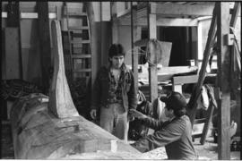 Crew and log at the old UBC carving shed