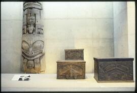 House post and bentwood boxes in the Museum of Anthropology