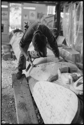 Crew and log at the old UBC carving shed