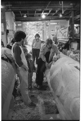 Crew and log at the old UBC carving shed