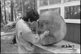 Crew and log at the old UBC carving shed