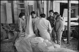 Crew and log at the old UBC carving shed