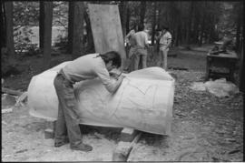 Crew and log at the old UBC carving shed