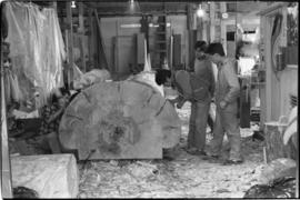 Crew and log at the old UBC carving shed