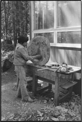 Crew and log at the old UBC carving shed