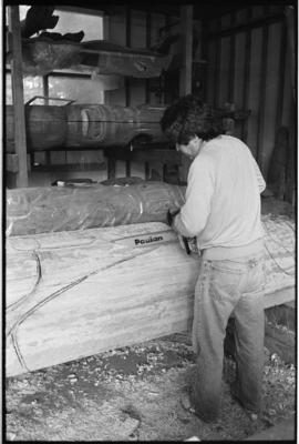 Crew and log at the old UBC carving shed