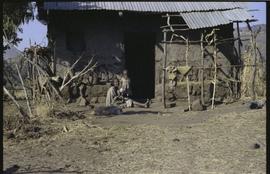 Woman and children in front of a mud (?) building